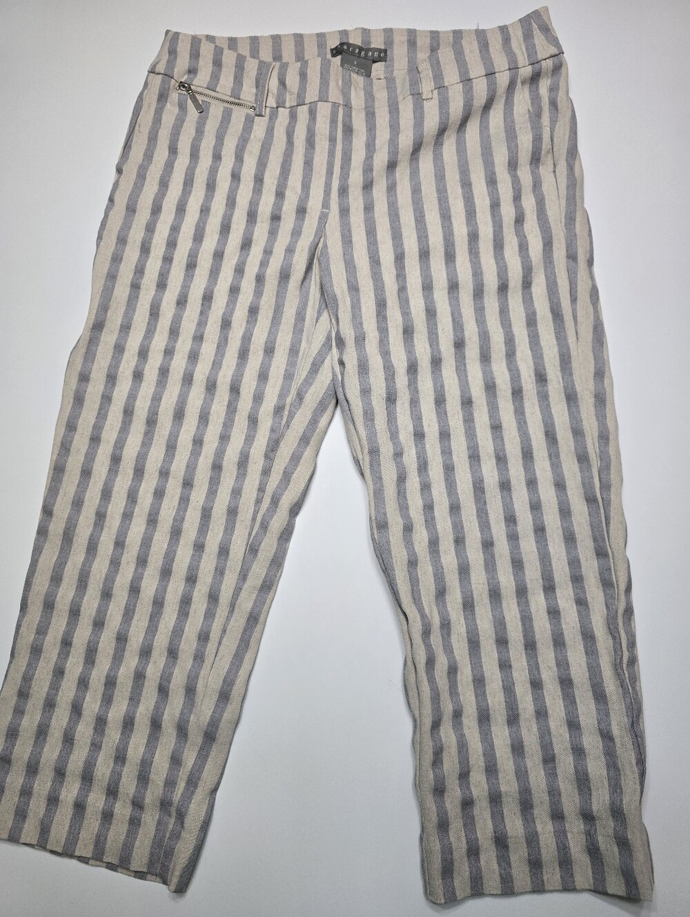 Sharagano Cream and Gray Striped Linen-Blend Ladies Small